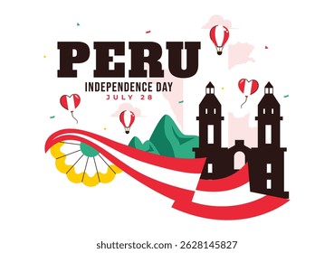 Happy Peru Independence Day Vector Illustration on july 28 Featuring a Waving National Flag and Decorative Ribbon in a Festive Background
