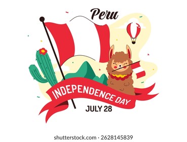 Happy Peru Independence Day Vector Illustration on july 28 Featuring a Waving National Flag and Decorative Ribbon in a Festive Background
