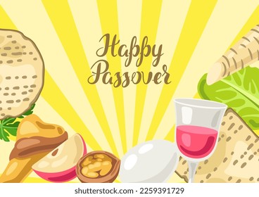 Happy Pesach Jewish Passover plate greeting card. Holiday background with traditional symbols.