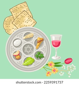 Happy Pesach Jewish Passover plate illustration. Holiday background with traditional symbols.