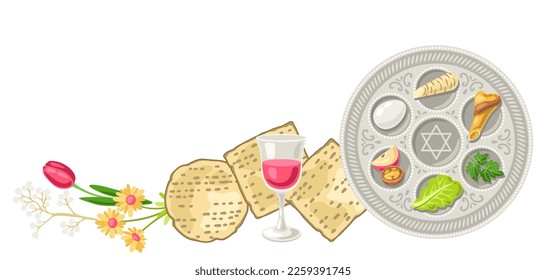 Happy Pesach Jewish Passover plate illustration. Holiday background with traditional symbols.