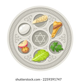 Happy Pesach Jewish Passover plate illustration. Holiday background with traditional symbols.