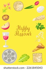 Happy Pesach Jewish Passover plate decorative frame. Holiday background with traditional symbols.