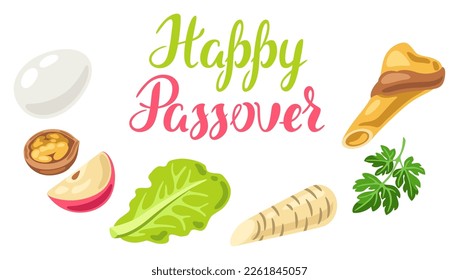 Happy Pesach Jewish Passover plate greeting card. Holiday background with traditional symbols.