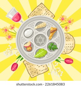 Happy Pesach Jewish Passover plate greeting card. Holiday background with traditional symbols.