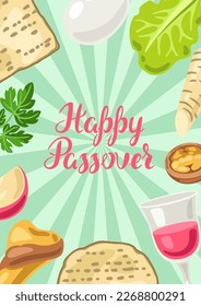 Happy Pesach Jewish Passover plate decorative frame. Holiday background with traditional symbols.