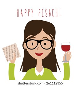 Happy Pesach (Passover) flat design woman with traditional matzoh and wine EPS 10 vector illustration for greeting card, ad, promotion, poster, flier, blog, article, social media