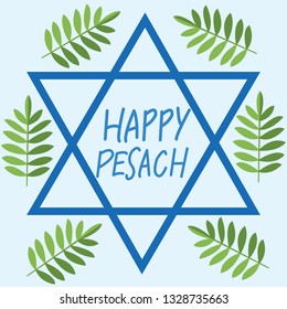 Happy Pesach vector calligraphy in center of David star on blue background.