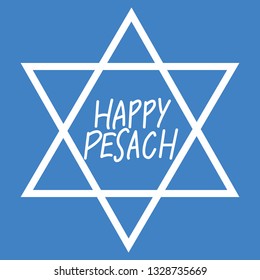 Happy Pesach vector calligraphy in center of David star on blue background.