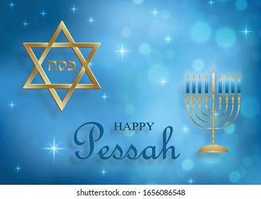 Happy Pessah card, the passover holiday with nice and creative jewish symbols and gold paper cut style on color background for pesach Jewish holiday (translation : happy Passover)