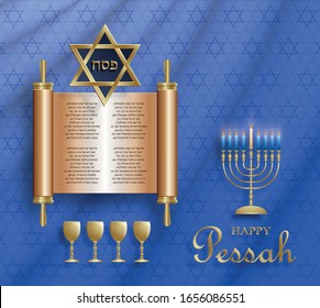 Happy Pessah card, the passover holiday with nice and creative jewish symbols and gold paper cut style on color background for pesach Jewish holiday (translation : happy Passover)