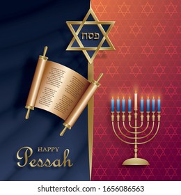 Happy Pessah card, the passover holiday with nice and creative jewish symbols and gold paper cut style on color background for pesach Jewish holiday (translation : happy Passover)