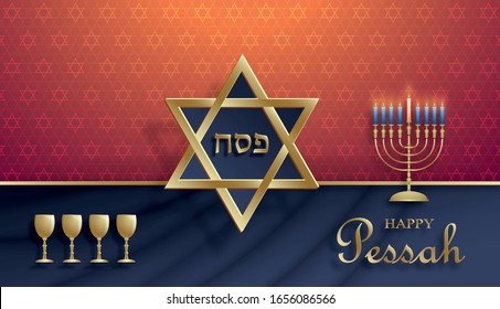 Happy Pessah card, the passover holiday with nice and creative jewish symbols and gold paper cut style on color background for pesach Jewish holiday (translation : happy Passover)