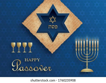 Happy Pessah card, the passover holiday with nice and creative jewish symbols and gold paper cut style on color background for pesach Jewish holiday (translation : happy Passover)