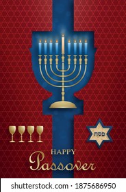 Happy Pessah card, the passover holiday with nice and creative jewish symbols and gold paper cut style on color background for pesach Jewish holiday (translation : happy Passover)