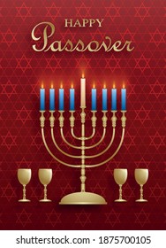 Happy Pessah card, the passover holiday with nice and creative jewish symbols and gold paper cut style on color background for pesach Jewish holiday (translation : happy Passover)