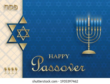 Happy Pessah card, the passover holiday with nice and creative jewish symbols and gold paper cut style on color background for pesach Jewish holiday (translation : happy Passover)