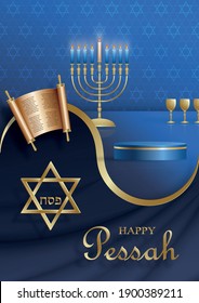 Happy Pessah podium round stage for the passover holiday with nice and creative jewish symbols and gold paper cut style on color background for pesach Jewish holiday (translation : happy Passover)