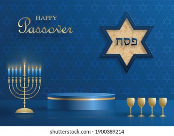 Happy Pessah podium round stage for the passover holiday with nice and creative jewish symbols and gold paper cut style on color background for pesach Jewish holiday (translation : happy Passover)