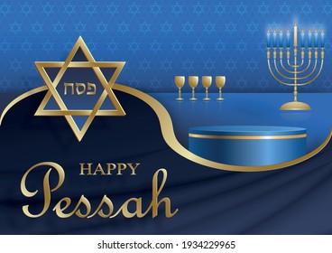 Happy Pessah podium round stage for the passover holiday with nice and creative jewish symbols and gold paper cut style on color background for pesach Jewish holiday (translation : happy Passover)