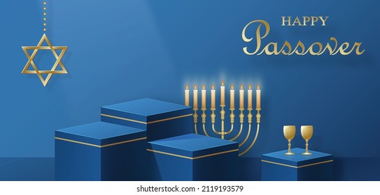 Happy Pessah Podium Stage For The Passover Holiday With Nice And Creative Jewish Symbols And Gold Paper Cut Style On Color Background For Pesach Jewish Holiday 