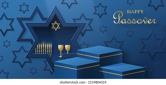 Happy Pessah Podium Stage For The Passover Holiday With Nice And Creative Jewish Symbols And Gold Paper Cut Style On Color Background For Pesach Jewish Holiday 