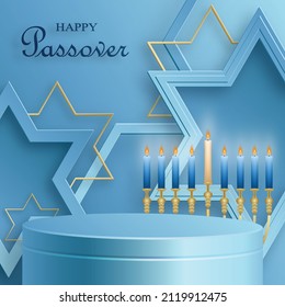 Happy Pessah podium stage for the Passover holiday with nice and creative Jewish symbols and gold paper cut style on color background for Pesach Jewish holiday 