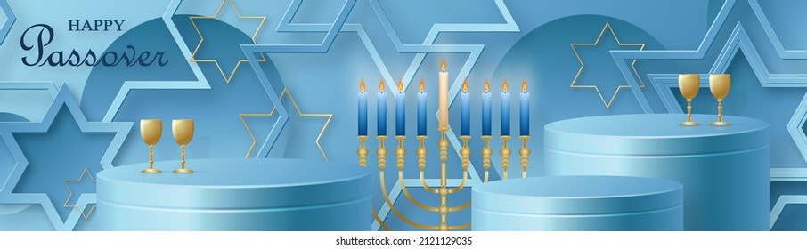 Happy Pessah podium stage for the Passover holiday with nice and creative Jewish symbols and gold paper cut style on color background for Pesach Jewish holiday 