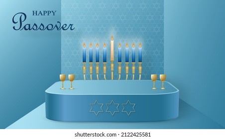 Happy Pessah podium stage for the Passover holiday with nice and creative Jewish symbols and gold paper cut style on color background for Pesach Jewish holiday 