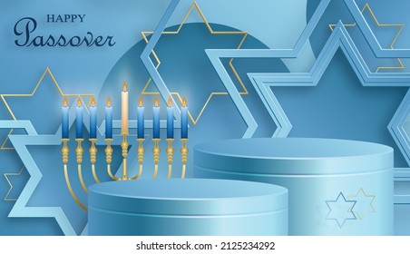 Happy Pessah podium stage for the Passover holiday with nice and creative Jewish symbols and gold paper cut style on color background for Pesach Jewish holiday 