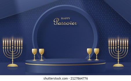 Happy Pessah podium stage for the Passover holiday with nice and creative Jewish symbols and gold paper cut style on color background for Pesach Jewish holiday 