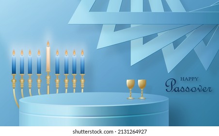 Happy Pessah podium stage for the Passover holiday with nice and creative Jewish symbols and gold paper cut style on color background for Pesach Jewish holiday 