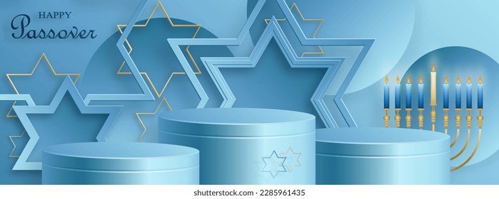 Happy Pessah podium stage for the Passover holiday with nice and creative Jewish symbols and gold paper cut style on color background for Pesach Jewish holiday 