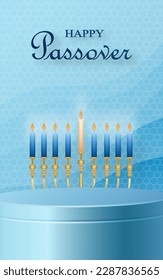 Happy Pessah podium stage for the Passover holiday with nice and creative Jewish symbols and gold paper cut style on color background for Pesach Jewish holiday 