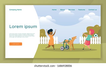 Happy Pet, Dog with Only Two Healthy Foreleg and Wheel Instead Hind One, Playing with Kid in Yard, Afro Girl and Caucasian Boy with Artificial Limb. Landing Page with Copy Space for Extra Text.