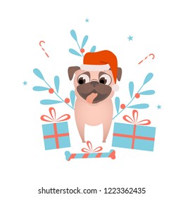 Happy pet dog pug with Christmas presents dress up Santa hat.Christmas and New Year presents for pet. Concept vector illustration for pet shop, web design, templets, card, poster.