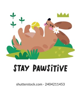 Happy pet dog is walking in park. Greeting card with funny dog, puppy, lettering, flower, plant, leaves, toy. Flat vector illustration
