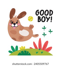 Happy pet dog is walking in park. Greeting card with funny dog, puppy, lettering, flower, plant, leaves, toy. Flat vector illustration