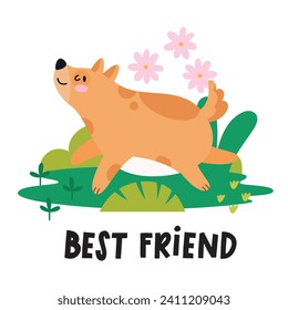 Happy pet dog is walking in park. Greeting card with funny dog, puppy, lettering, flower, plants, leaves, toy. Flat vector illustration