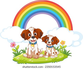 Happy pet dogs with smiles on their faces, surrounded by a vibrant rainbow, in an isolated garden