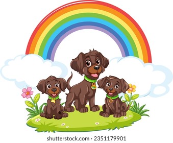 Happy pet dogs with smiles, surrounded by a rainbow in a garden