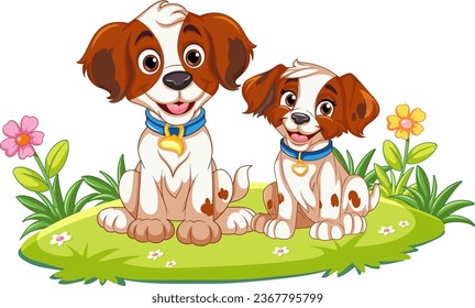 Happy pet dogs with smiles, surrounded by a garden