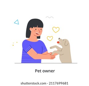 Feliz concepto abstracto de propietario de mascotas. Mujer joven jugando con su cachorro. El personaje femenino cuida de los perros y pasa tiempo con ella. Ilustración vectorial plana moderna en estilo doodle