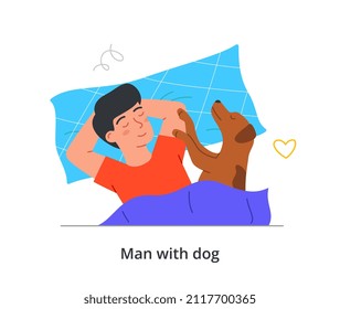 Feliz concepto abstracto de propietario de mascotas. Joven acostado en la cama con su adorable cachorro. El personaje masculino duerme con un perro mullido sobre una almohada suave. Ilustración vectorial plana contemporánea en estilo doodle