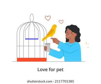 Happy pet owner abstract concept. Young woman holds her cute parrot in her hand and feeds it. Female character takes care of bird. Cartoon contemporary flat vector illustration in doodle style