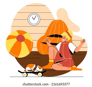 Happy pet owner concept. Young woman playing with her cute hamster on skateboard. Girl loves animals and takes care of them. Little furry friend. Cartoon flat vector illustration in doodle style