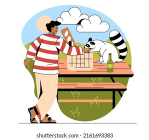 Happy pet owner concept. Young man friends with small fluffy raccoon and feeds it in park. Character loves and cares about animals. Cartoon contemporary flat vector illustration in doodle style