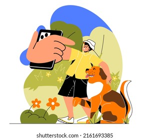 Happy pet owner concept. Young man walks in park with his big dog and takes selfie on smartphone. Character loves his puppy and takes care of him. Cartoon flat vector illustration in doodle style