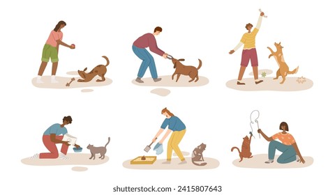 happy pet owner with dog and cat in cozy interior of living room. Pet sitter, friendly service concept. People playing, cuddling, caring with domestic animal friends at home.