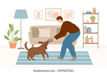 happy pet owner with dog in cozy interior of living room. Pet sitter, pets friendly service concept. People playing, cuddling with animal friends at home. Colored flat hand drawn vector illustration